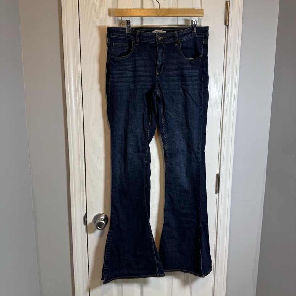 Zara Basic Denim Flare Split Jeans Size USA 10 Tall Dark Wash‎
